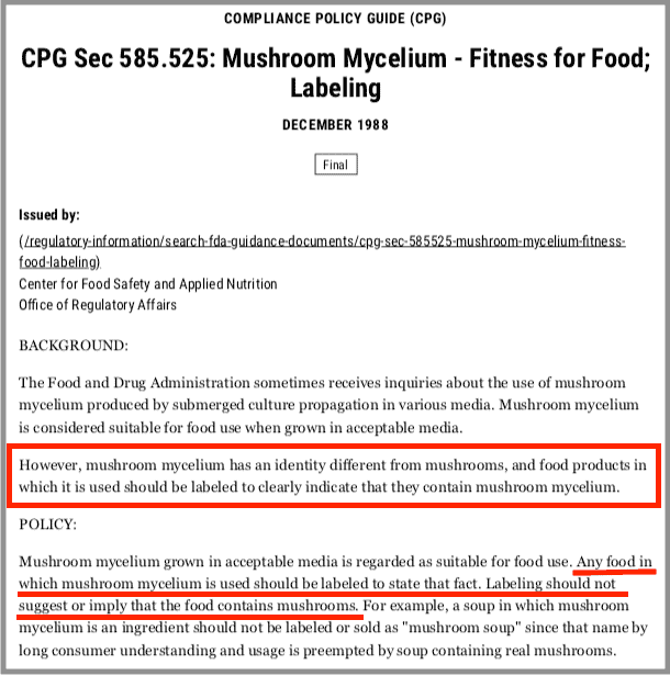 FDA policy on reishi mycelium products