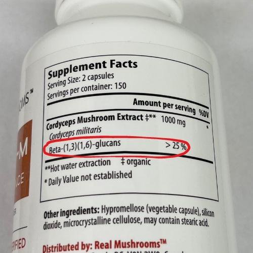 Ingredient label on a bottle of mushroom pills