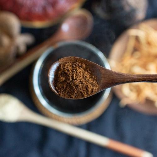 teaspoonful of powder with mushrooms in the background