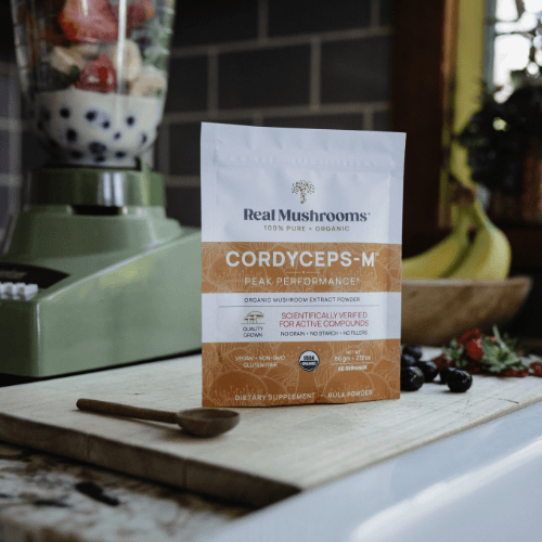 A bag of cordyceps mushroom powder on a counter 