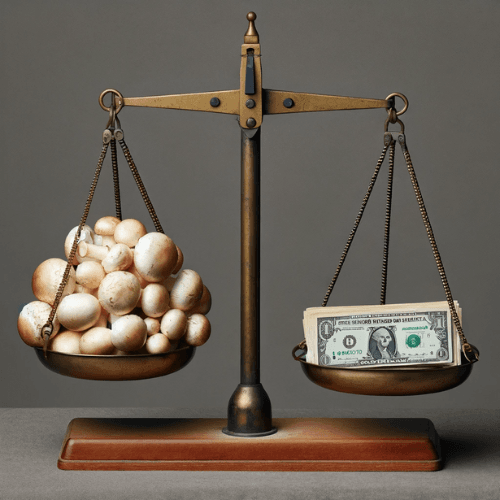A scale holding button mushrooms on one side and dollar bills on the other