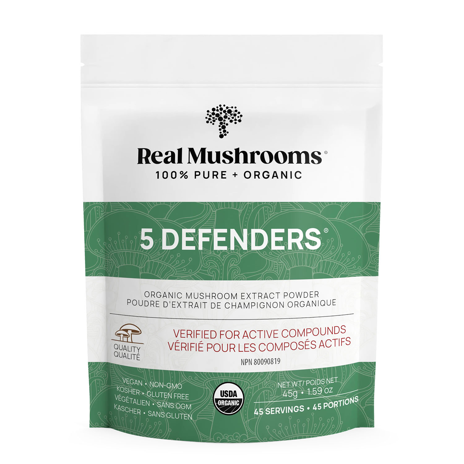 A package of Real Mushrooms 5 Defenders Organic Mushroom Extract Powder, verified for active compounds, 45 servings, vegan, non-GMO, and gluten-free.