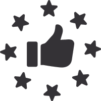 A thumbs-up icon surrounded by six stars in a circular pattern.