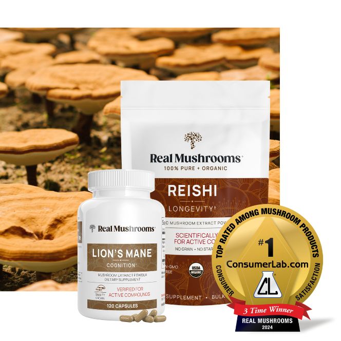 Image of Real Mushrooms products: Lion's Mane Capsules and Reishi Extract Powder. Background features mushrooms growing outdoors. A 