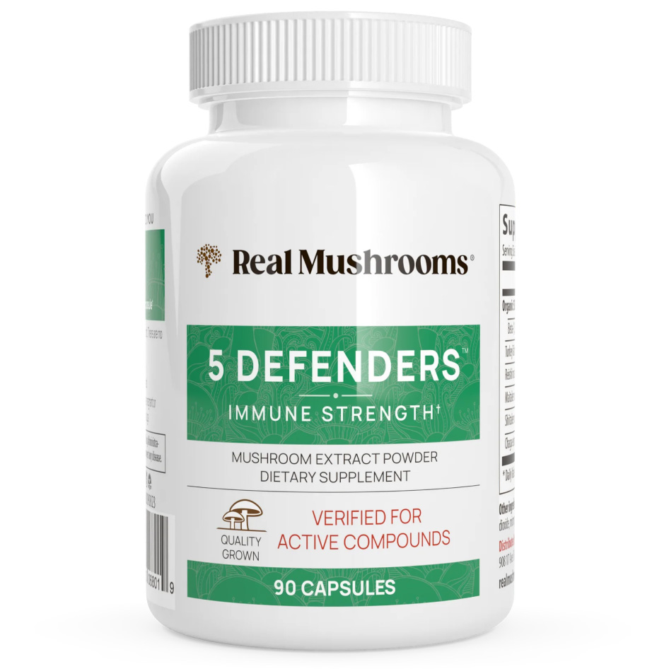 A bottle of Real Mushrooms 5 Defenders Immune Strength. It contains 90 capsules, is a mushroom extract powder dietary supplement, and is verified for active compounds.