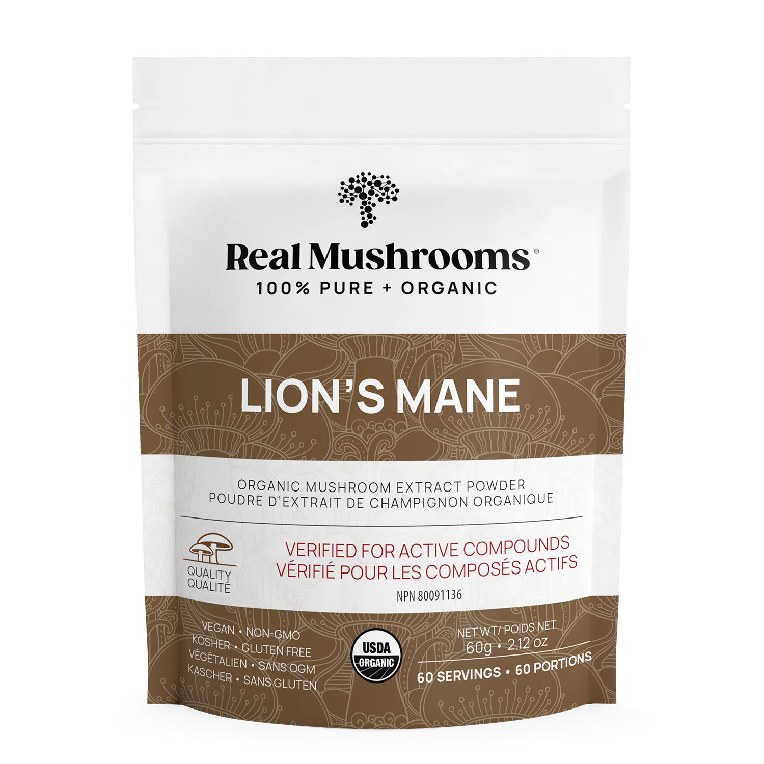 A product package of Real Mushrooms Lion's Mane organic mushroom extract powder. The label notes it is vegan, non-GMO, gluten-free, and organic. The package weighs 60 grams and offers 60 servings.