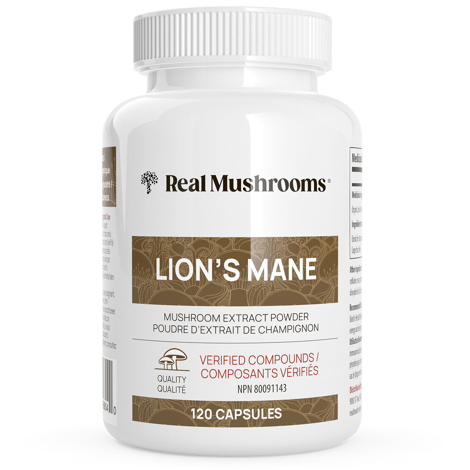 A white bottle labeled "Real Mushrooms Lion's Mane," containing 120 capsules of mushroom extract powder. The bottle highlights "Verified Compounds / Composants Vérifiés" with the quality seal.