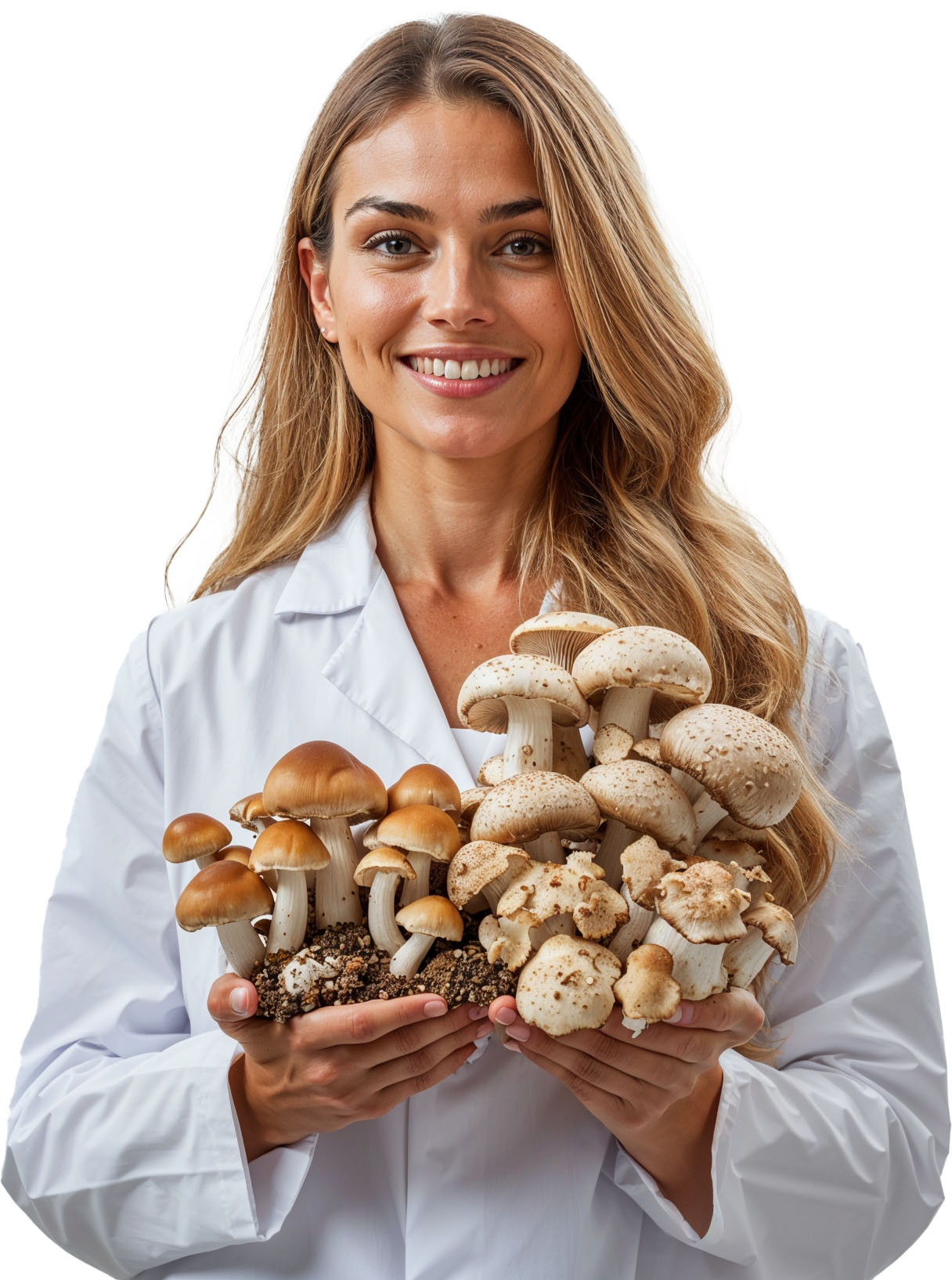 A woman in a lab coat holds a variety of mushrooms, including white and brown types, against a white background.