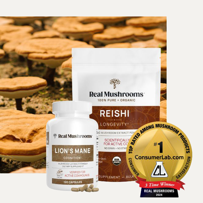 A product image featuring Real Mushrooms Lion's Mane and Reishi supplements. The supplements are displayed with a ConsumerLab #1 top-rated mushroom product badge. Mushrooms are visible in the background.