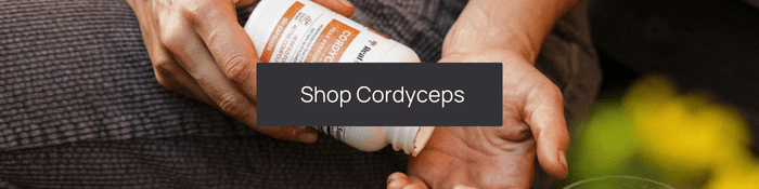 shop cordyceps with man holding a cordyceps supplement bottle in the background