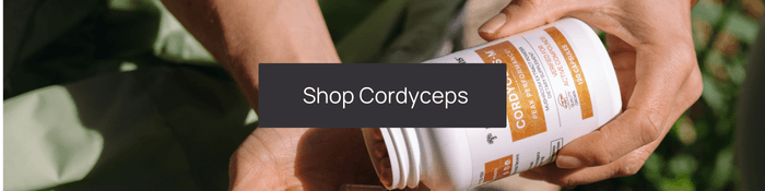 shop cordyceps with man holding a cordyceps supplement bottle in the background